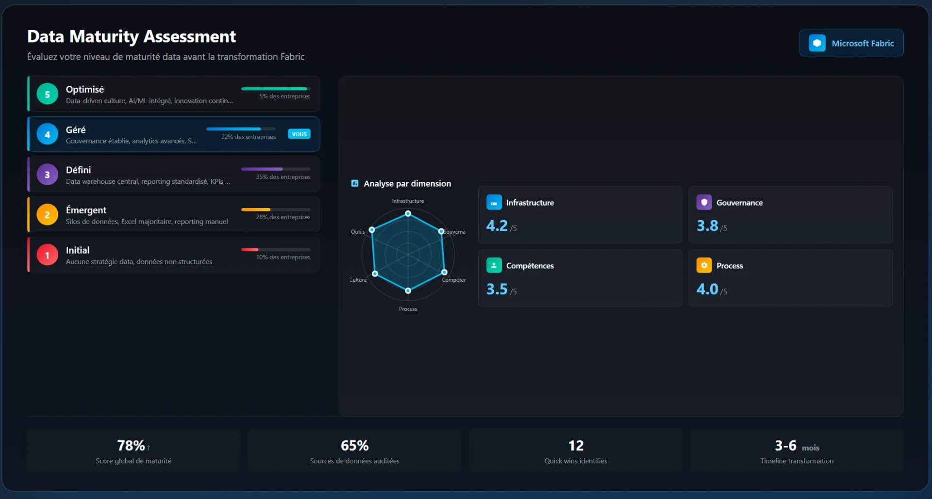 Diagramme d'évaluation de maturité data avec les différents niveaux et critères